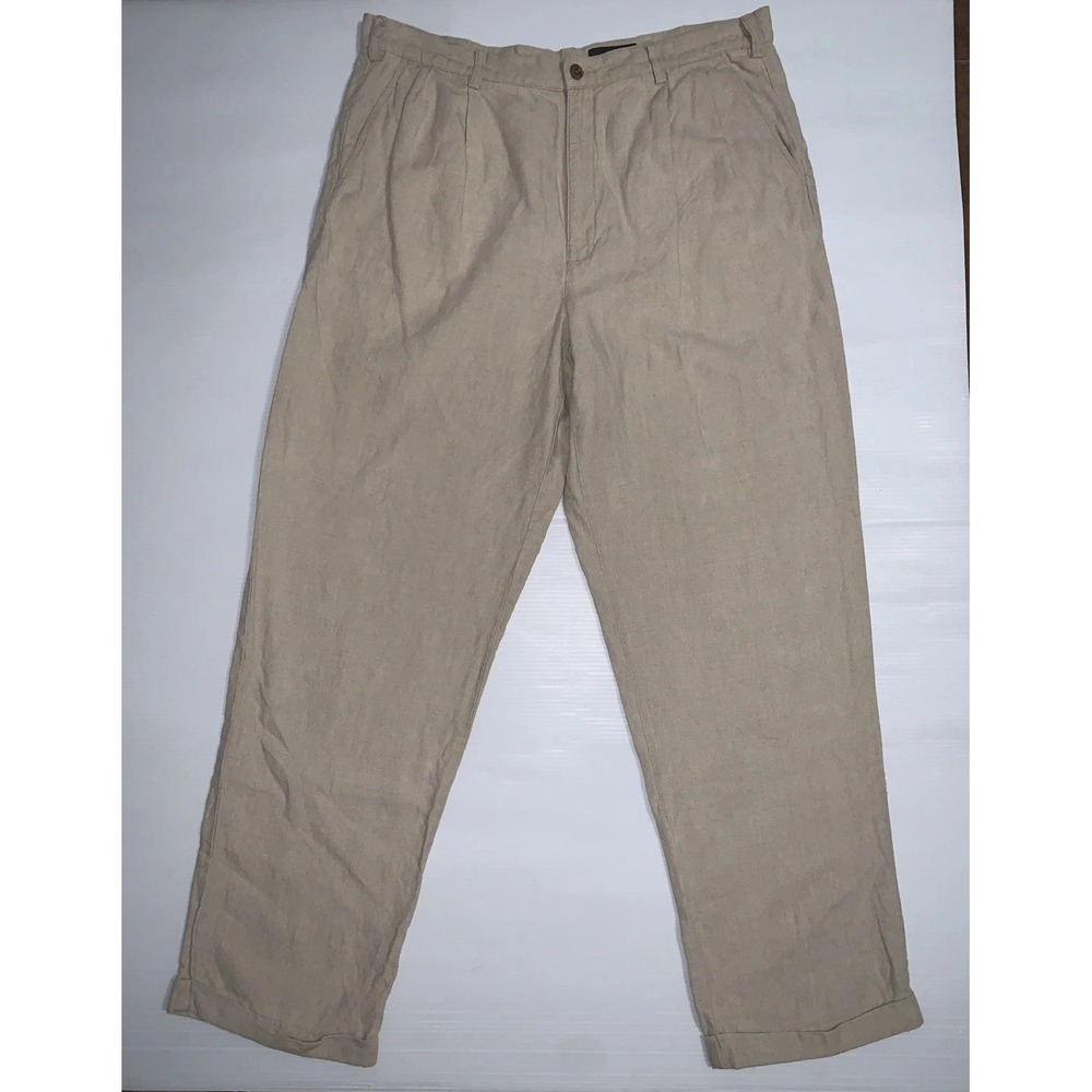 Eddie Bauer 100% Linen Pants Mens 38 Tall Cuffed Pleated Tan Casual Resort 38x32